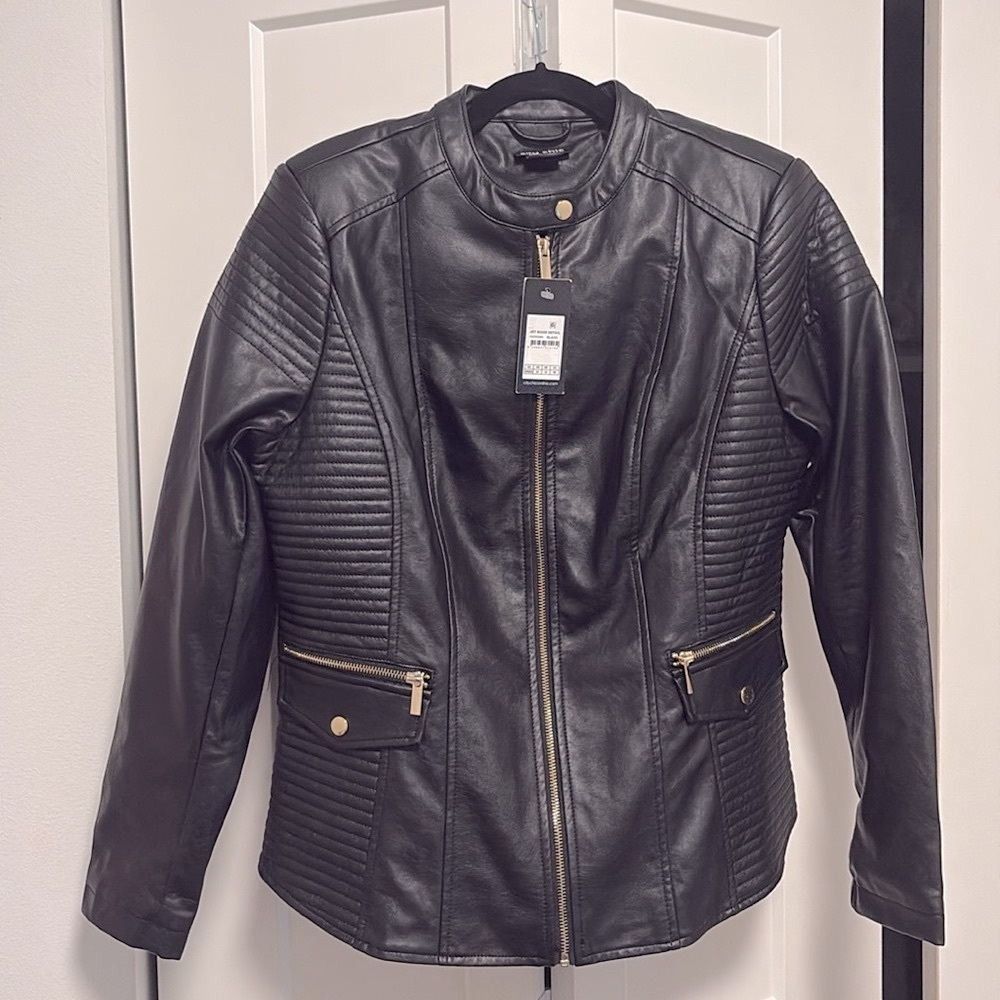NWT [City Chic] Biker Moto Black w/ Gold Zip-Up Leather Jacket Coat Women’s 12 - Picture 6 of 15